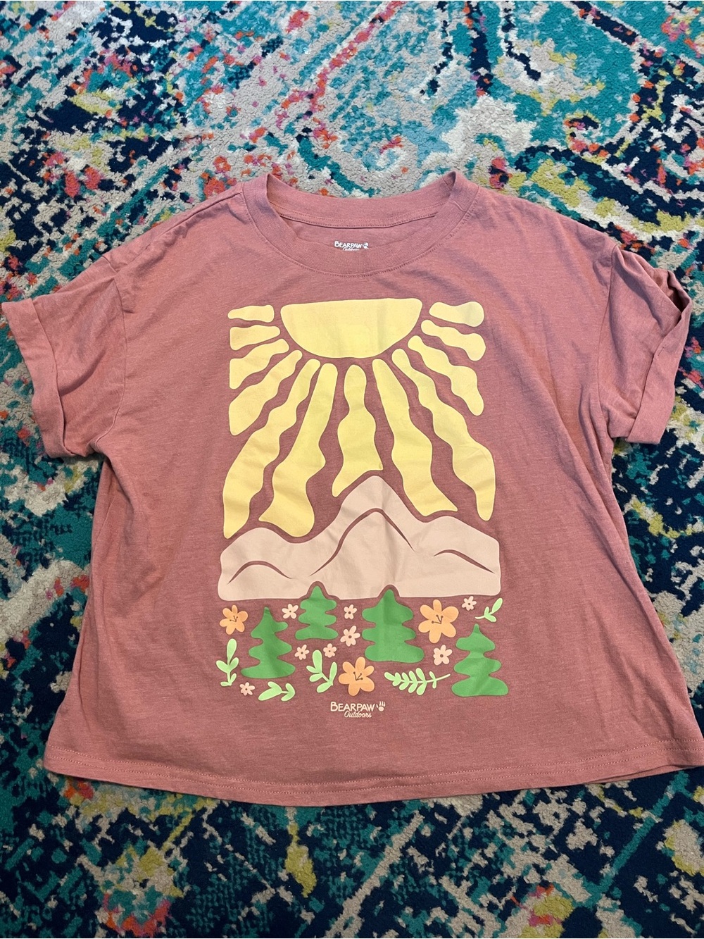 BearPaw Dusty Rose Tee with Yellow Sun and Green Forest Graphic
